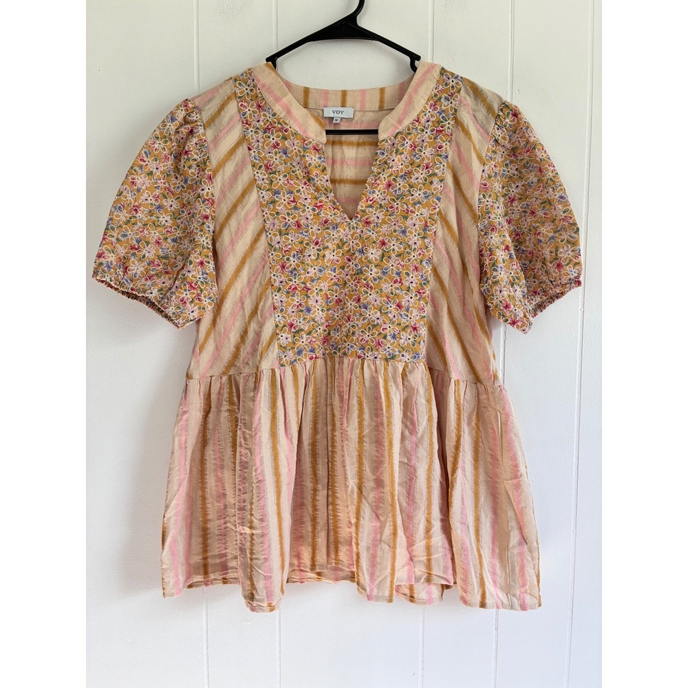 Joy Multicolor Floral Stripe Peasant Blouse - Pink/Gold